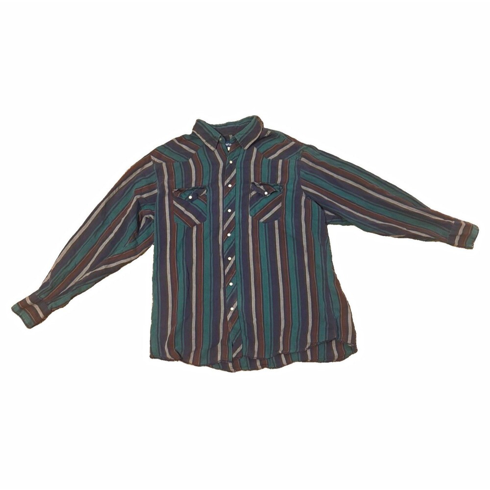 VTG Wrangler Pearl Snap Shirt Mens 2XLT Multicolor Striped Cotton Button LS